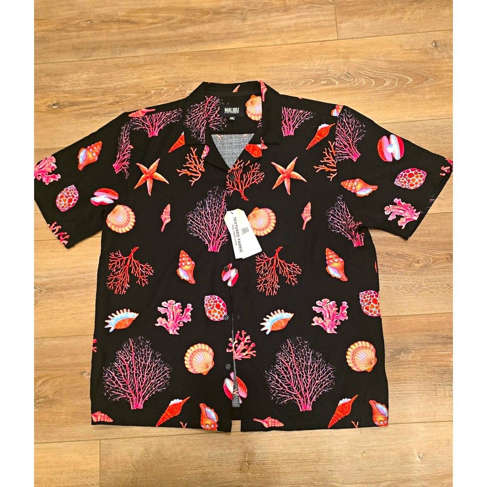 Malibu Men's 2XL Black Lightweight Textured Polyester Hawaiian Graphic Button-Up